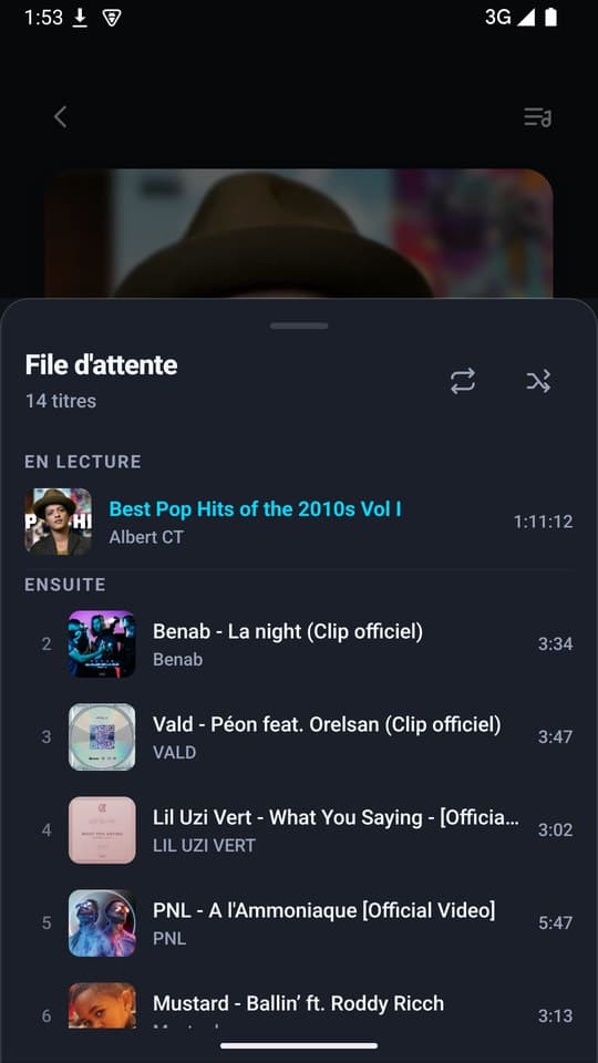 File d'attente NeuroBeats sur Android : les titres à venir avec leur durée